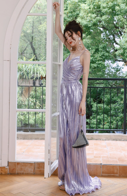 Sparkly Purple A-Line Long Prom Dresses Spaghetti Straps Slit Formal Dress ED03541