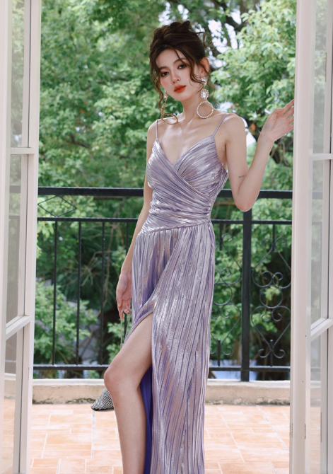 Sparkly Purple A-Line Long Prom Dresses Spaghetti Straps Slit Formal Dress ED03541