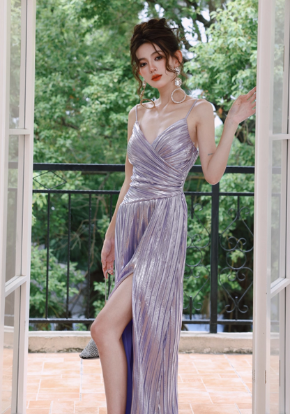 Sparkly Purple A-Line Long Prom Dresses Spaghetti Straps Slit Formal Dress ED03541