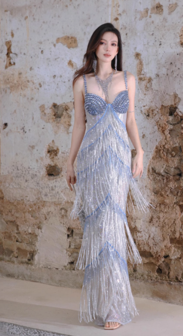 Gorgeous Blue Sheath Beaded Tassel Formal Dress Sparkly Sweetheart Long Prom Dresses ED03544