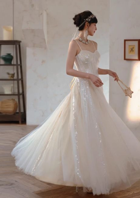 Glitter Apricot A-Line A-Line Spaghetti Strap Party Dress, Tulle Sweet Birthday Outfit ED03545