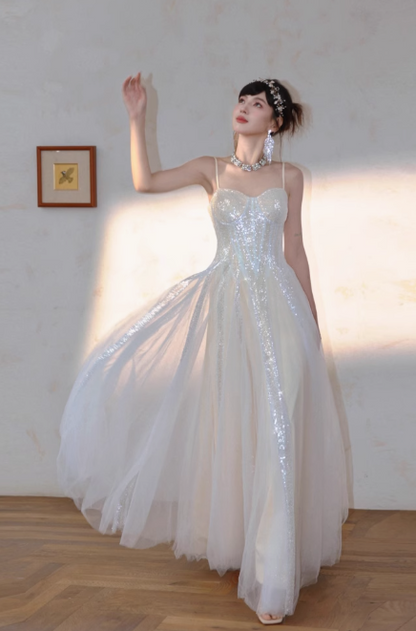 Glitter Apricot A-Line A-Line Spaghetti Strap Party Dress, Tulle Sweet Birthday Outfit ED03545