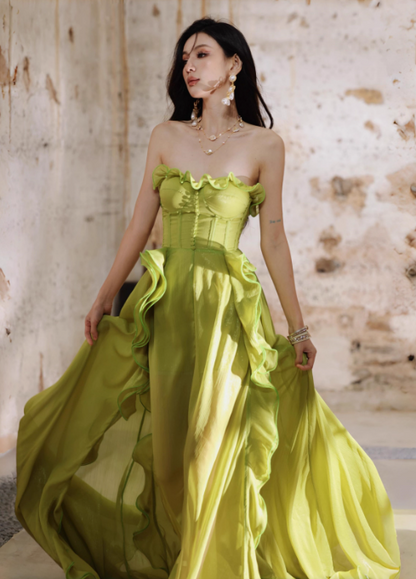 Fairytale Green A-Line Ruffle Long Prom Dresses Strapless Chiffon Formal Dresses ED03546