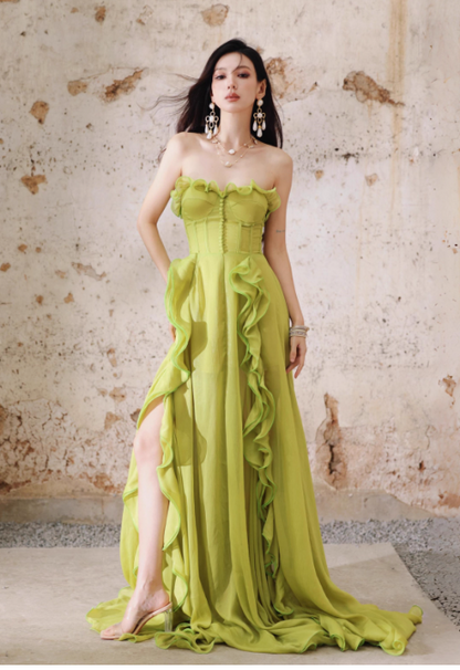 Fairytale Green A-Line Ruffle Long Prom Dresses Strapless Chiffon Formal Dresses ED03546