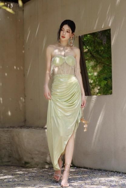 Elegant Sweetheart Sheath Satin Birthday Dresses Slits Starfruit Yellow Evening Gowns ED03547