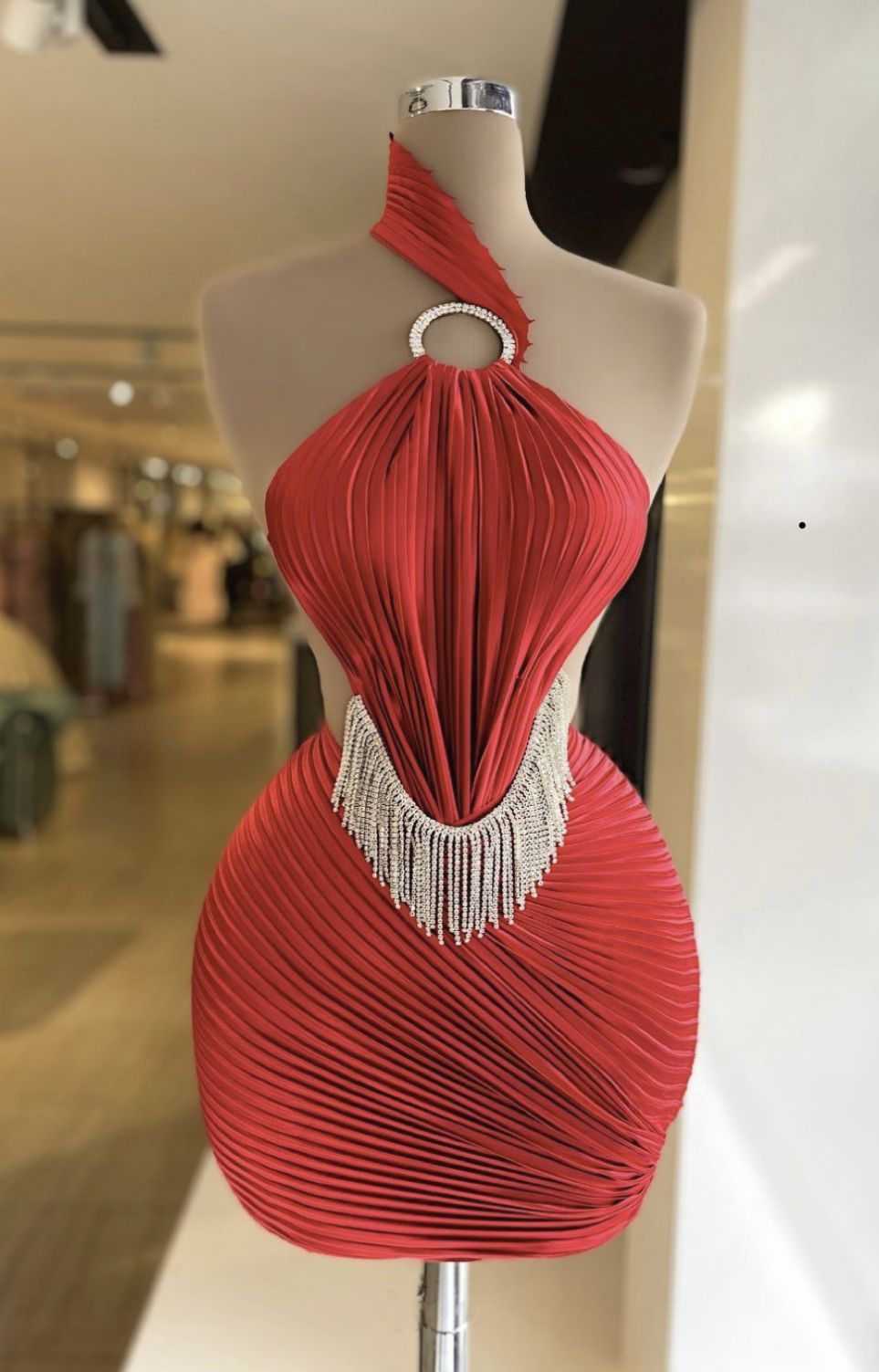 Sexy Red Bodycon Short Pleated Party Dresses One Shoulder Fashion Homecoming Dresses with Tassels ED03548