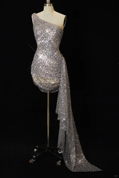 Sparkly Silver Bodycon One Shoulder Short Formal Dresses Sequin Birthday Outfits ED03549