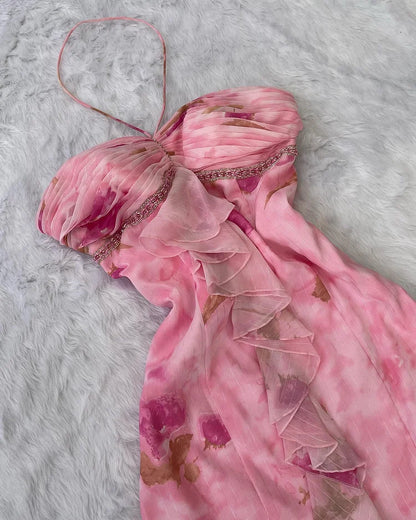 Chic Pink Halter Sheath Birthday Outfit Printed Chiffon Retro Party Dress Formal Dress ED03553