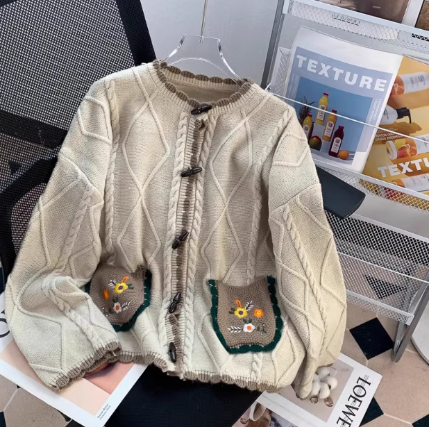 Vintage Horn Button Pocket Embroidery Forest Style Cardigan Sweater ED0355