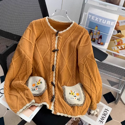 Vintage Horn Button Pocket Embroidery Forest Style Cardigan Sweater ED0355