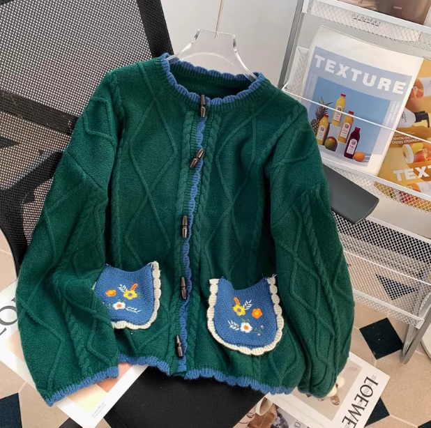 Vintage Horn Button Pocket Embroidery Forest Style Cardigan Sweater ED0355