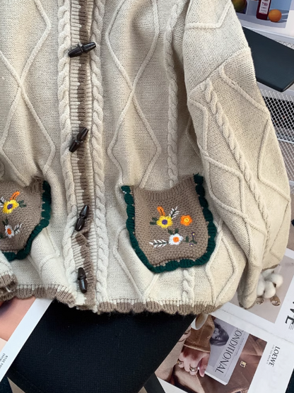 Vintage Horn Button Pocket Embroidery Forest Style Cardigan Sweater ED0355