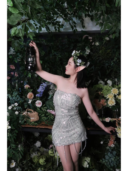 Sparkly Silver 18th Birthday Dress Beaded Strapless Bodycon Homecoming Dresses Sweet Party Dress ED03560