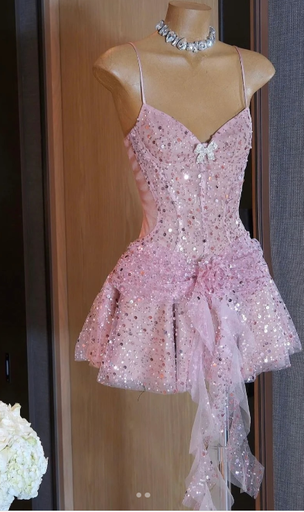 Sweet Pink Spaghetti Strap 16th Birthday Dress Glitter Sequin A-Line Homecoming Dresses ED03561