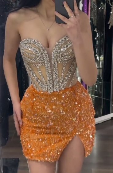 Sparkly Sweetheart Bodycon Short Formal Dresses Orange Sequin Prom Dresses Rhinestone Homecoming Dresses ED03568