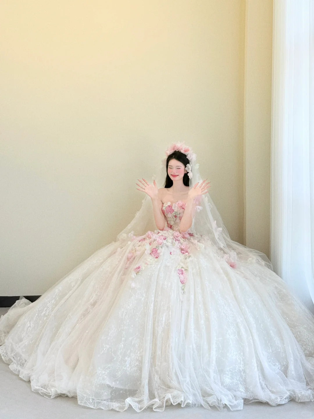 Sweet White Strapless 3D Rose Tulle Wedding Dress Long Ball Gowns Gorgeous Bridal Dress Quinceanera Dress  ED03572