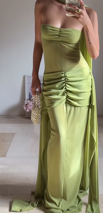 Elegant Green Strapless Formal Dresses Sheath Chiffon Long Prom Dresses Evening Gowns ED03575