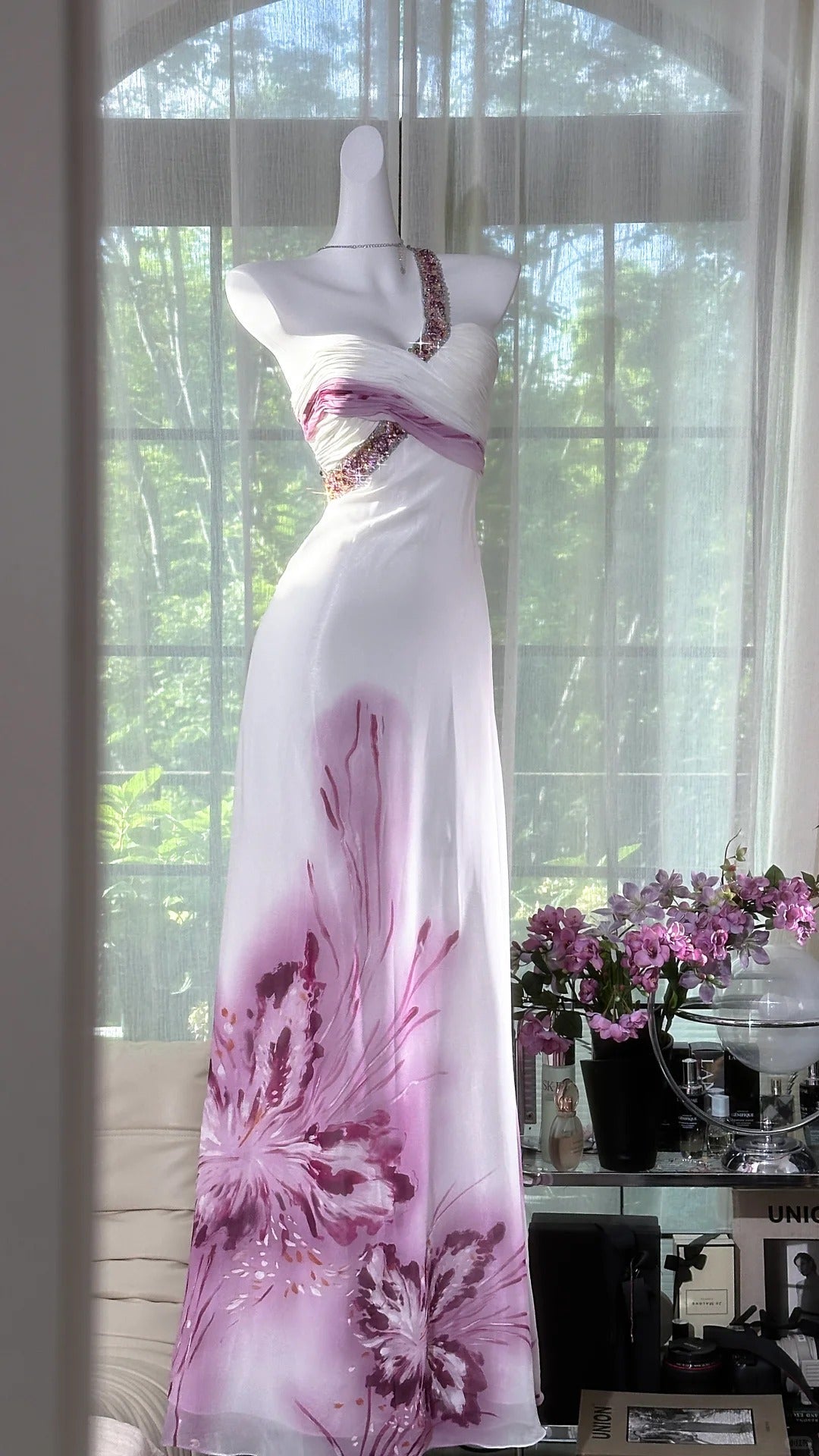 Elegant One Shoulder Printed Chiffon Sheath Long Prom Dresses Vintage Formal Dresses ED03579