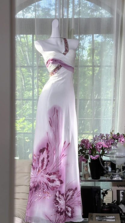 Elegant One Shoulder Printed Chiffon Sheath Long Prom Dresses Vintage Formal Dresses ED03579