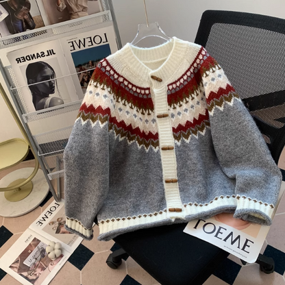 Fair Isle Vintage Jacquard Duffle Cardigan Sweater ED0357