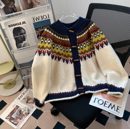 Fair Isle Vintage Jacquard Duffle Cardigan Sweater ED0357