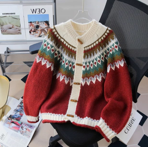 Fair Isle Vintage Jacquard Duffle Cardigan Sweater ED0357