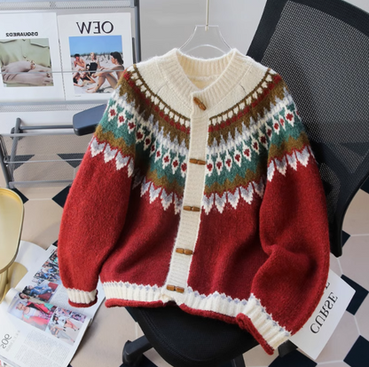 Fair Isle Vintage Jacquard Duffle Cardigan Sweater ED0357