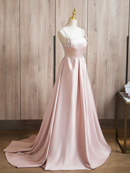 A-Line Satin Beads Pink Long Prom Dress, Pink Long Formal Dress ED036