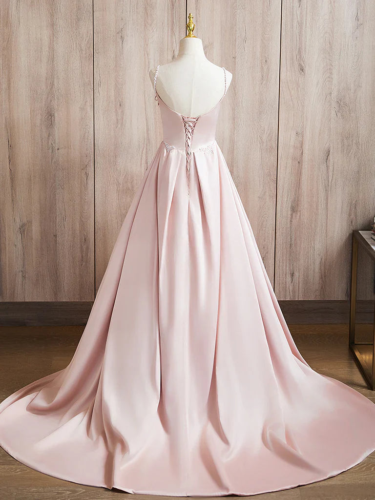 A-Line Satin Beads Pink Long Prom Dress, Pink Long Formal Dress ED036