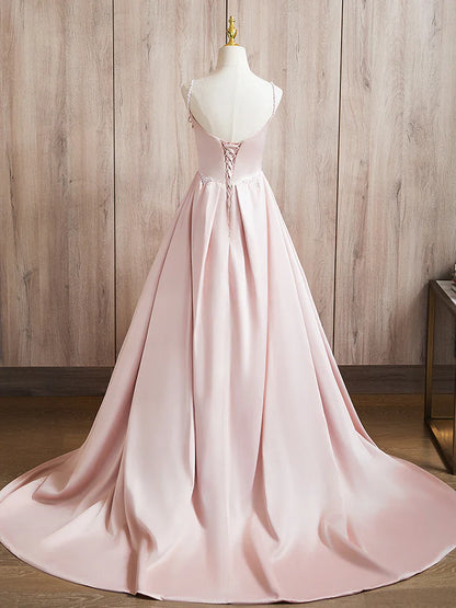 A-Line Satin Beads Pink Long Prom Dress, Pink Long Formal Dress ED036