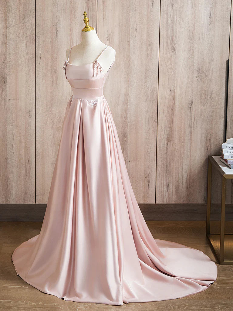 A-Line Satin Beads Pink Long Prom Dress, Pink Long Formal Dress ED036