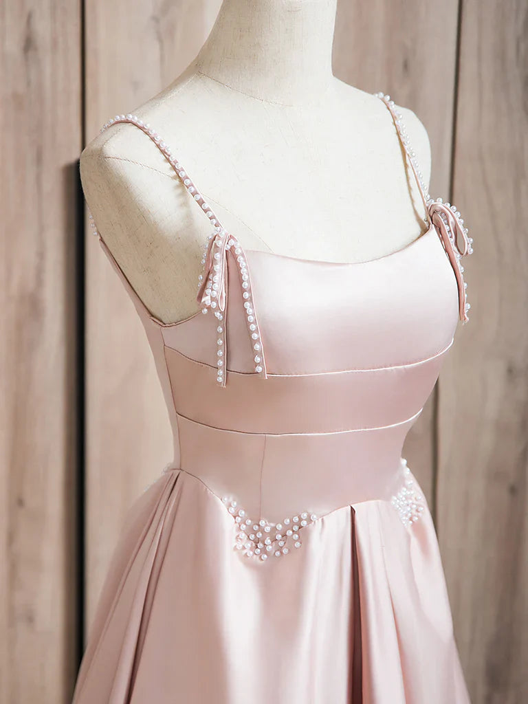 A-Line Satin Beads Pink Long Prom Dress, Pink Long Formal Dress ED036