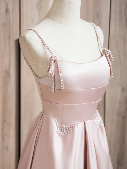 A-Line Satin Beads Pink Long Prom Dress, Pink Long Formal Dress ED036