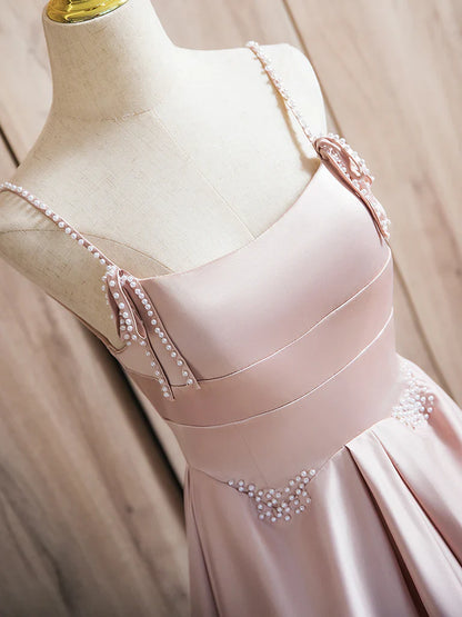 A-Line Satin Beads Pink Long Prom Dress, Pink Long Formal Dress ED036