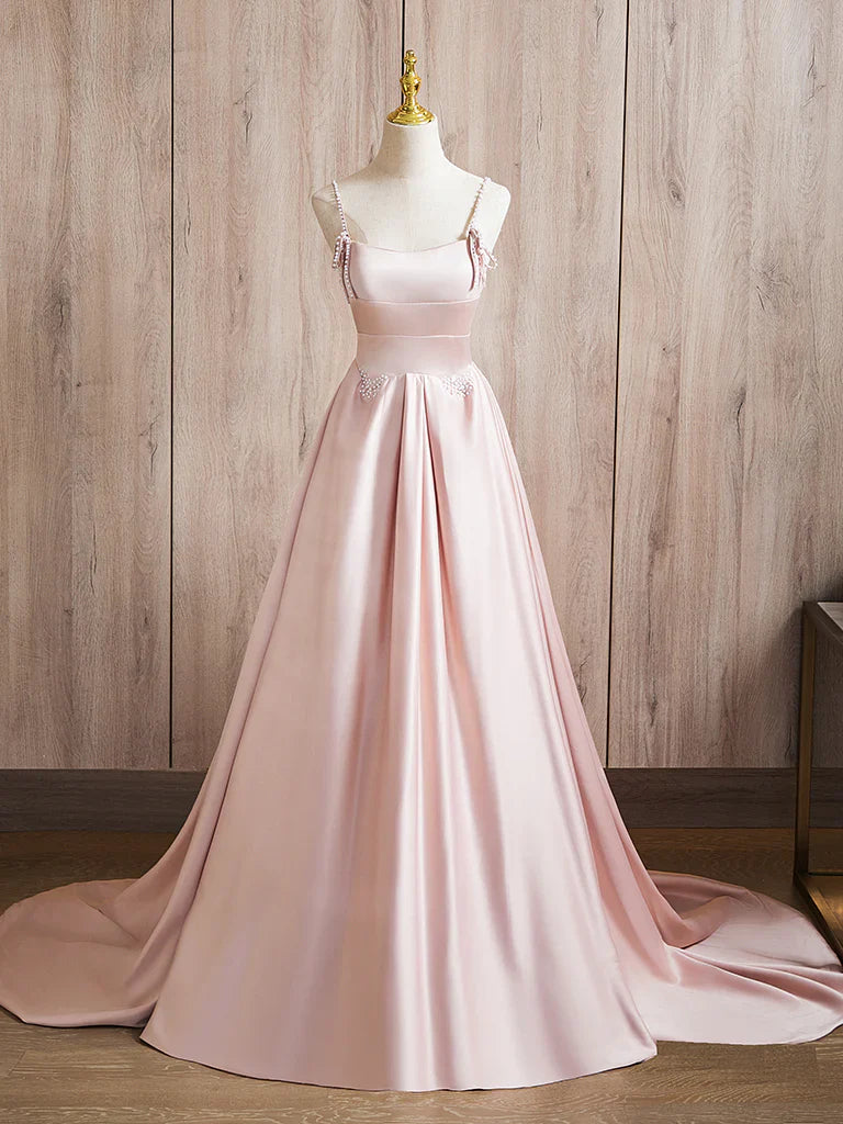 A-Line Satin Beads Pink Long Prom Dress, Pink Long Formal Dress ED036