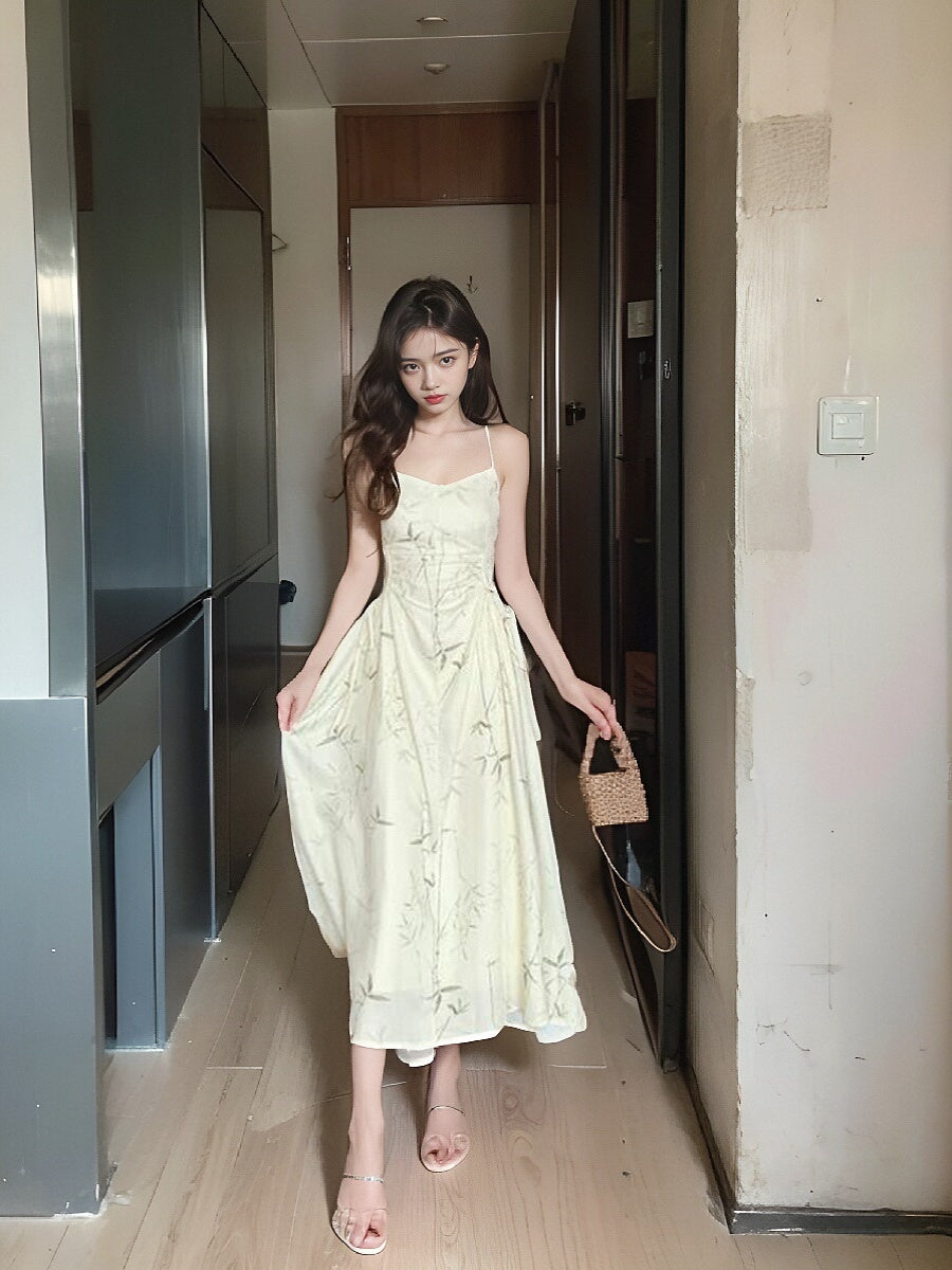 New Chinese bamboo print satin pleated waist suspender dress ED0360