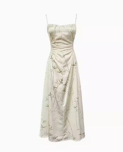 New Chinese bamboo print satin pleated waist suspender dress ED0360