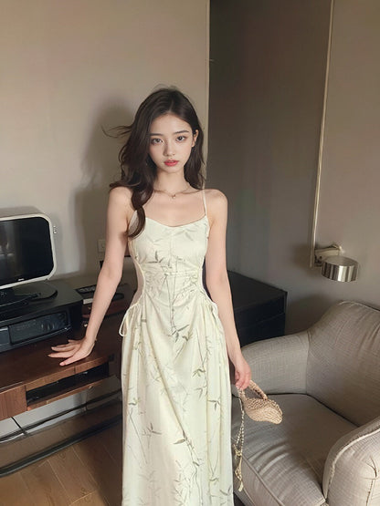 New Chinese bamboo print satin pleated waist suspender dress ED0360