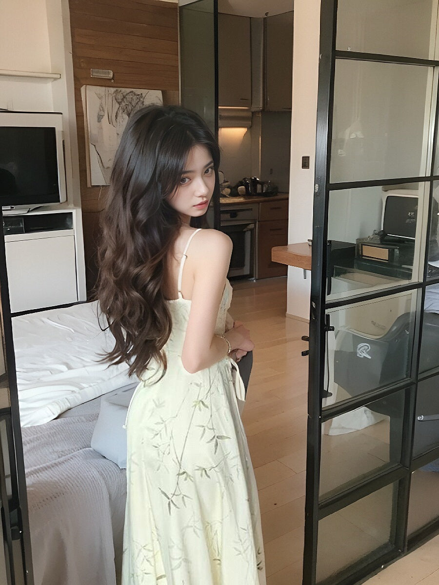 New Chinese bamboo print satin pleated waist suspender dress ED0360