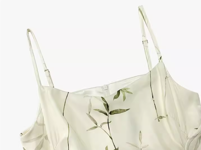 New Chinese bamboo print satin pleated waist suspender dress ED0360
