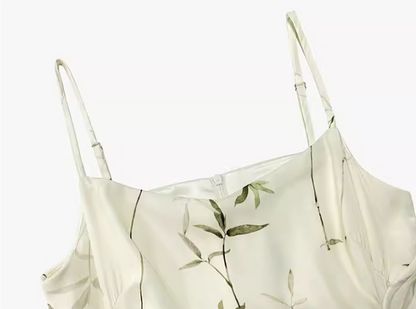 New Chinese bamboo print satin pleated waist suspender dress ED0360