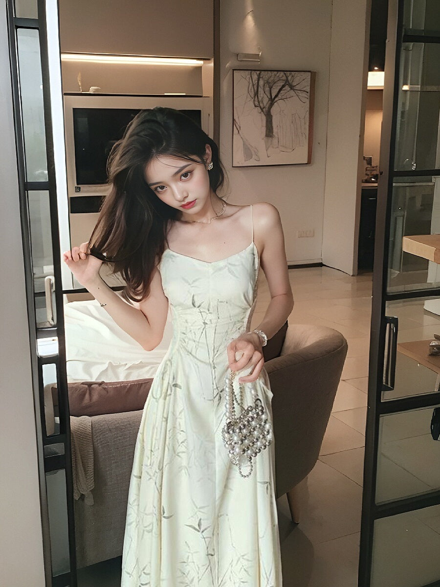 New Chinese bamboo print satin pleated waist suspender dress ED0360