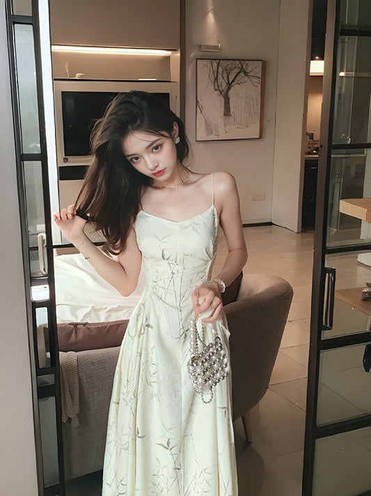 New Chinese bamboo print satin pleated waist suspender dress ED0360