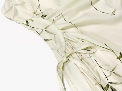 New Chinese bamboo print satin pleated waist suspender dress ED0360