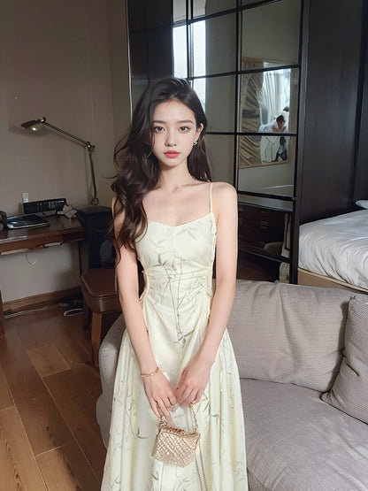 New Chinese bamboo print satin pleated waist suspender dress ED0360