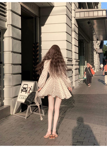 French Polka Dot Romantic Long Sleeve Dress ED0362