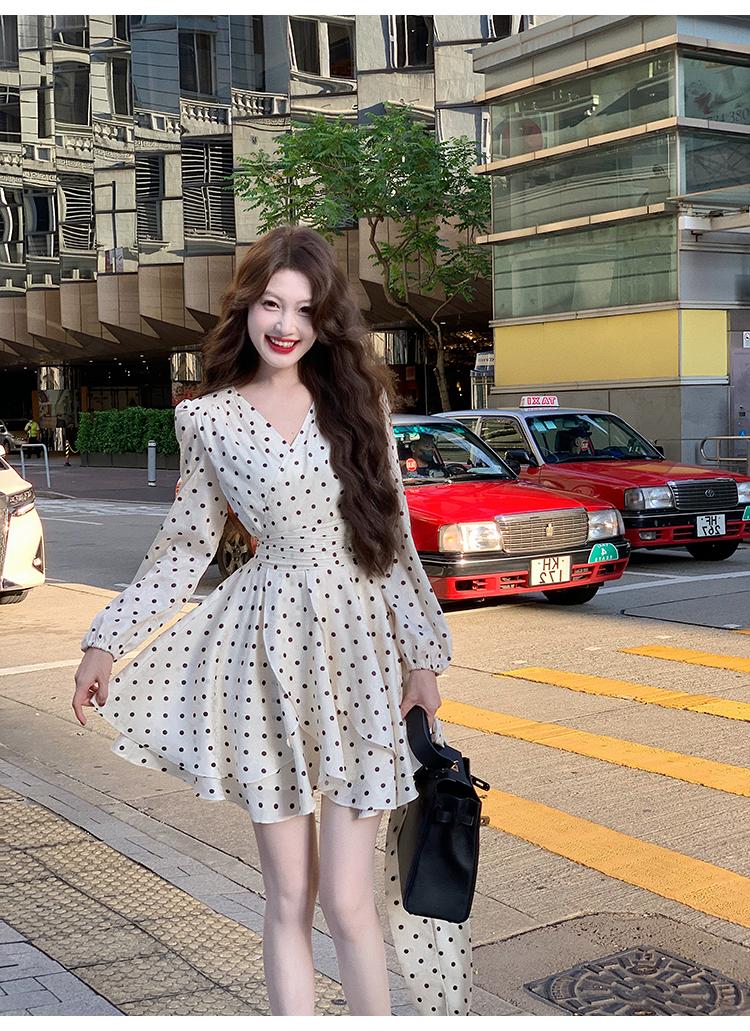 French Polka Dot Romantic Long Sleeve Dress ED0362