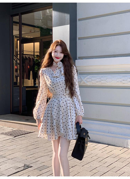 French Polka Dot Romantic Long Sleeve Dress ED0362