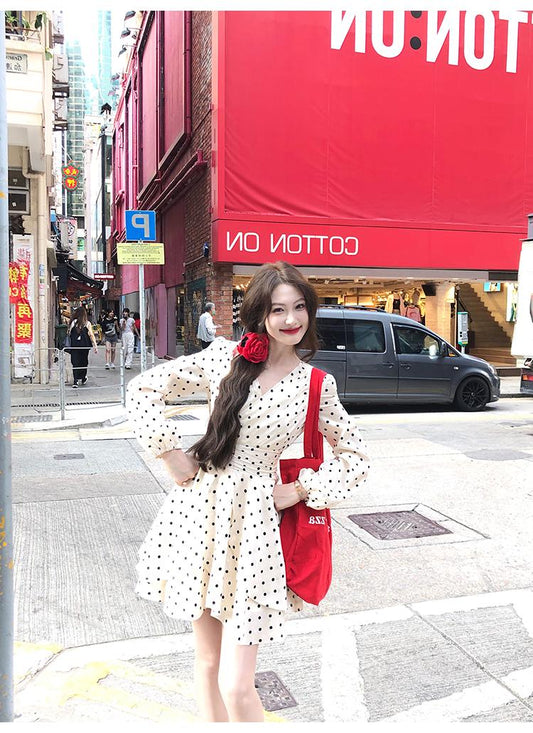 French Polka Dot Romantic Long Sleeve Dress ED0362