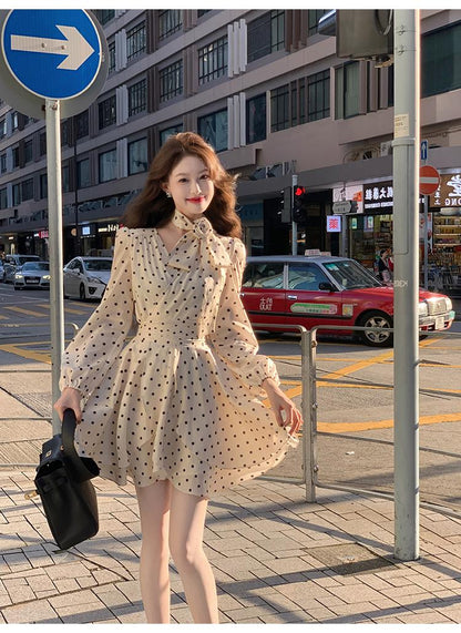 French Polka Dot Romantic Long Sleeve Dress ED0362